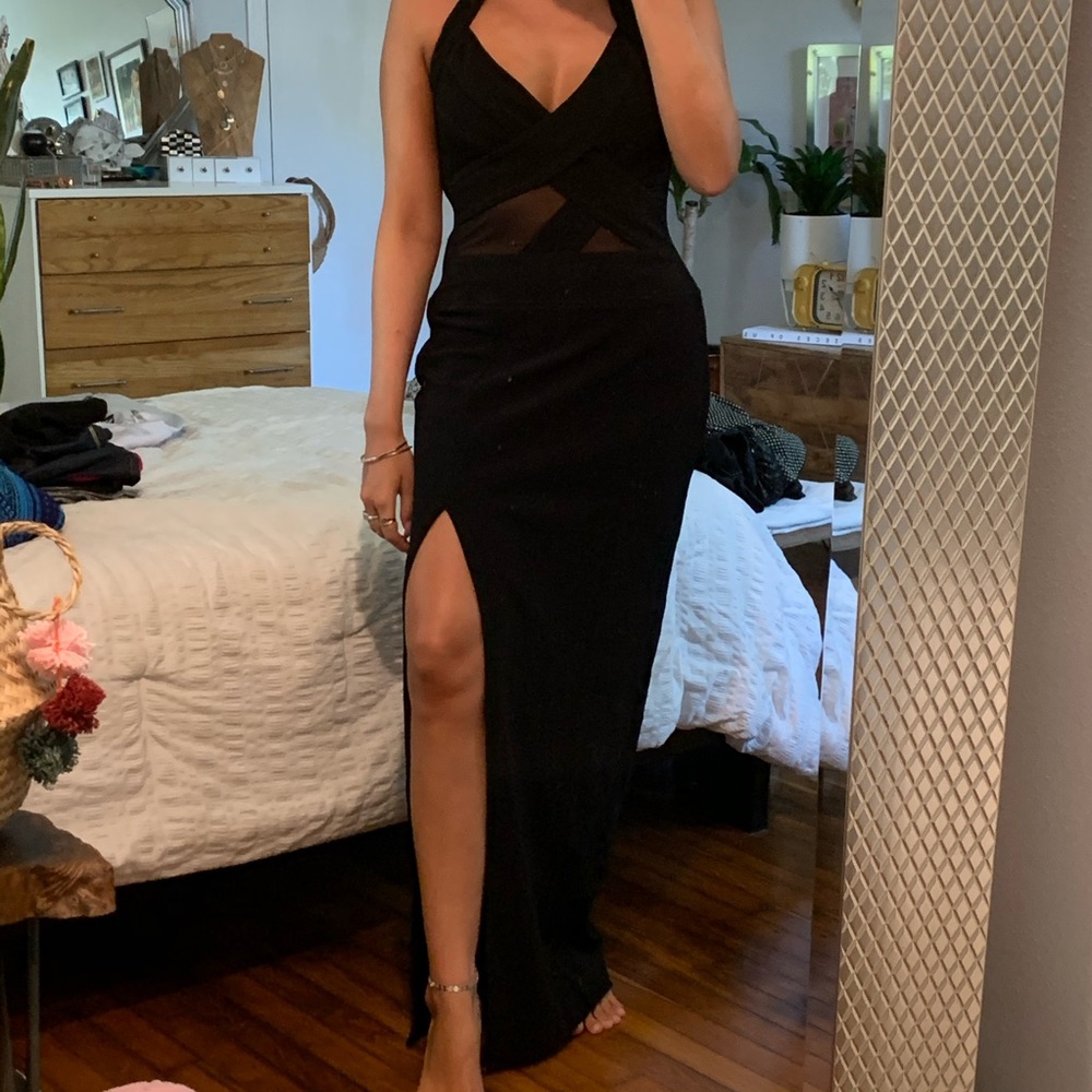 Halter Mesh Cutout Evening Gown